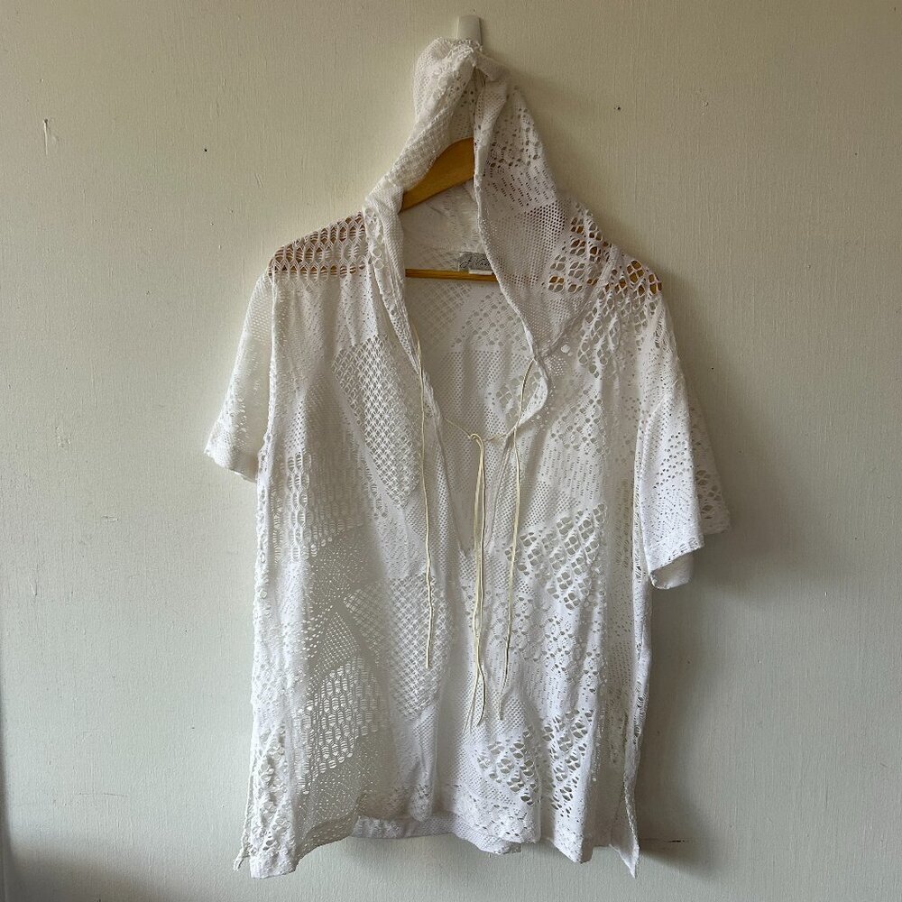 J.‎ Valdi Swim Coverup Womens L/XL White Crochet Hooded Boho Cottage Beachy